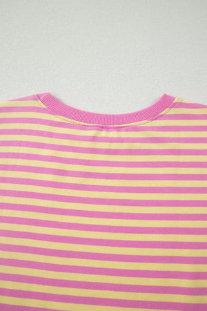 Pink and yellow striped cotton casual set with crew neck.