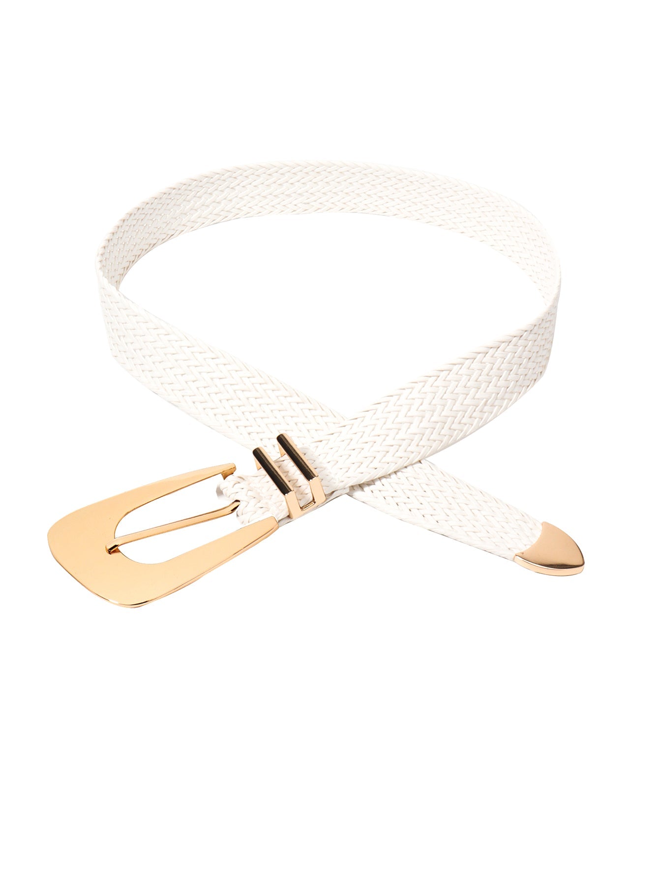 White woven raffia belt with gold-tone buckle and tip.