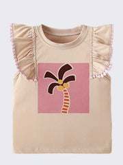 Baby t-shirt in beige cotton with playful palm tree graphic and pink ruffle sleeves.