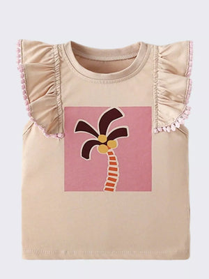 Baby t-shirt in beige cotton with playful palm tree graphic and pink ruffle sleeves.