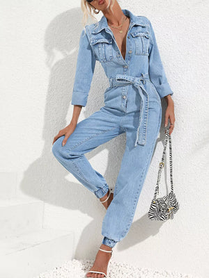 Button Front Belt Denim Jumpsuit, back view