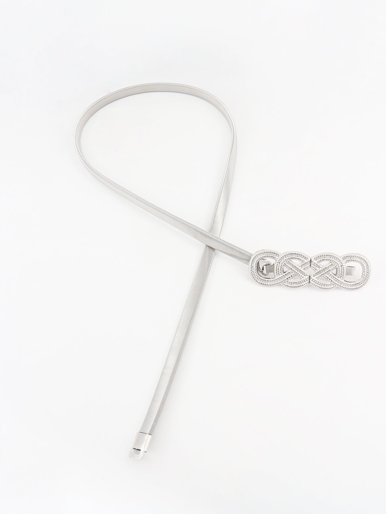 Silver intertwined knot metal waist belt with a flexible ribbed band.