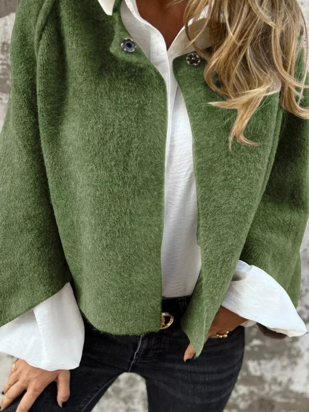 Green fuzzy knit cardigan with button detail, open front, crew neck, long sleeves.