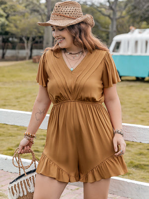 Caramel pleated bodice romper with flutter sleeves and ruffle hem shorts.