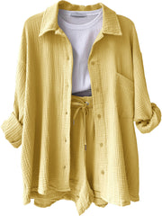 Yellow textured gauze shirt and shorts set with drawstring waist and button front.