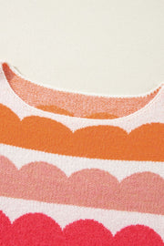 Scalloped stripe off-the-shoulder sweater in acrylic with a boatneck and colorful stripes.