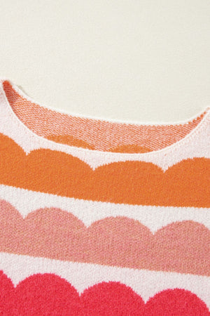 Scalloped stripe off-the-shoulder sweater in acrylic with a boatneck and colorful stripes.