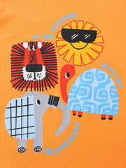 Orange cotton t-shirt with safari animal graphics and text.