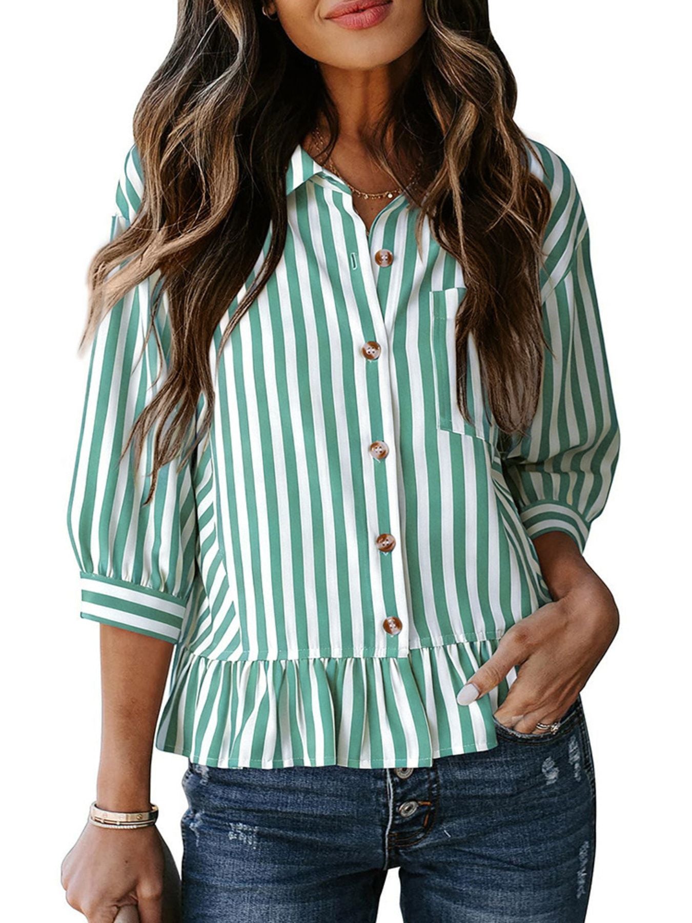 Green striped button-down shirt with 3/4 sleeves and ruffle hem
