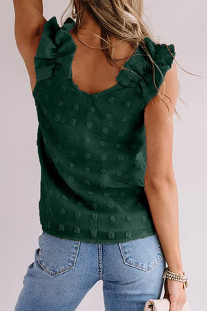 Dark green textured ruffle-sleeve tank top with a V-neckline.