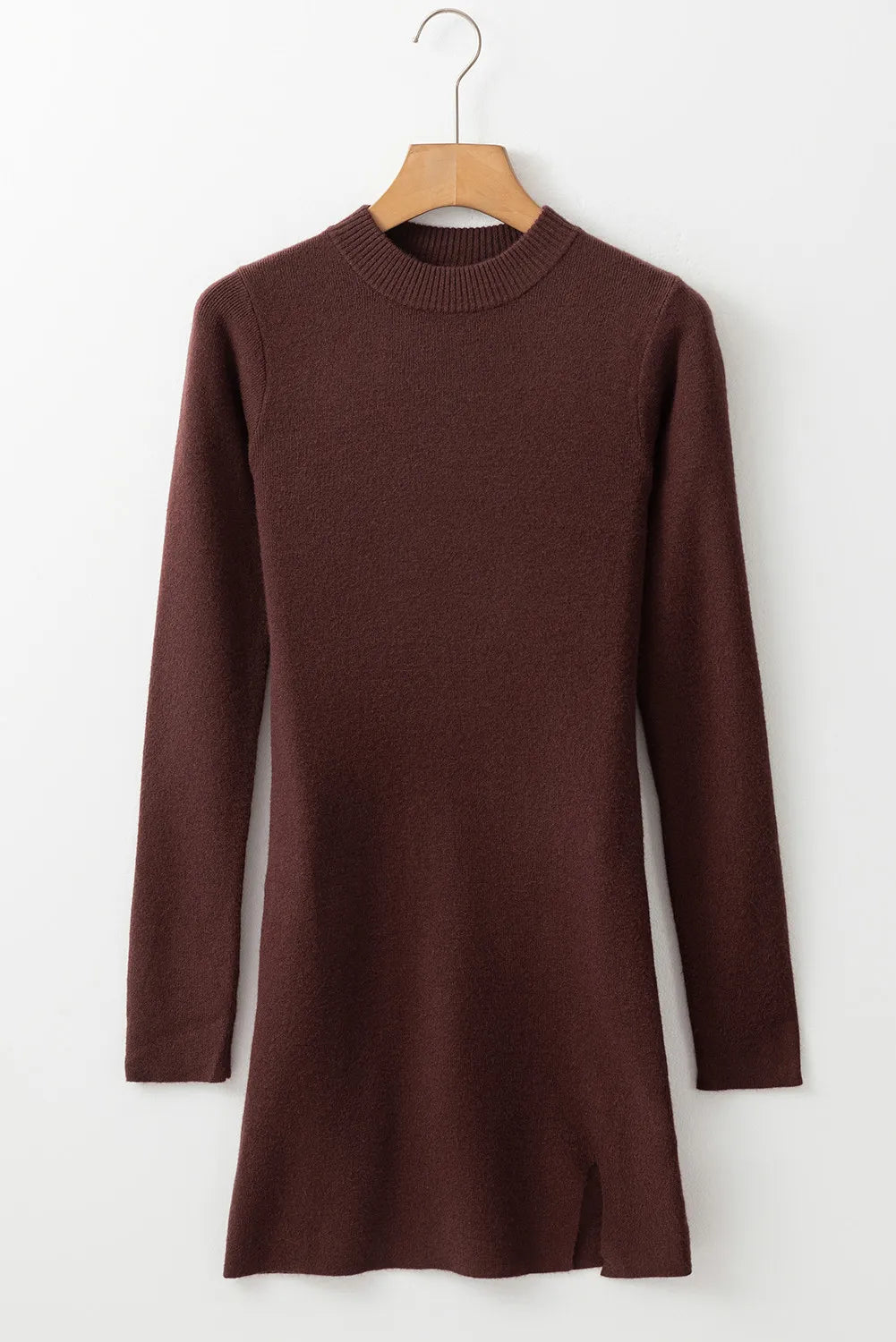 Chocolate ribbed knit mini dress with crew neck and side slit