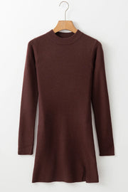 Chocolate ribbed knit mini dress with crew neck and side slit