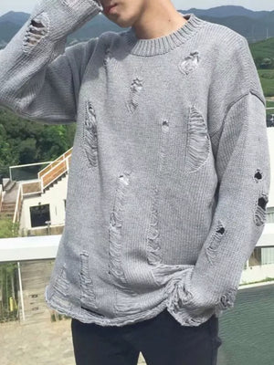 Men's Distressed Round Neck Sweater in Black, model styling view
