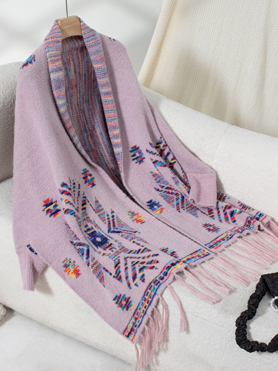 Pink purple knit cardigan with Aztec pattern and fringe detail
