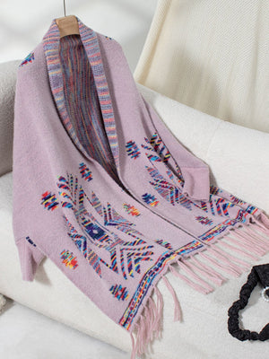 Pink purple knit cardigan with Aztec pattern and fringe detail