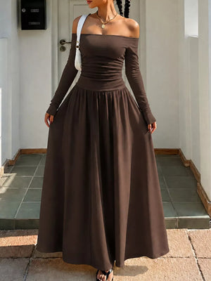 Off-the-shoulder Maxi Dress in Brown, back view