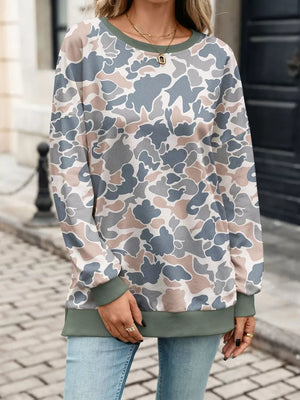 sweatshirt featuring camo in medium gray with 65% viscose, 30% polyester, 5% elastane Care instructions: Machine wash cold