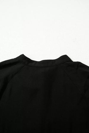 Black maternity maxi dress with a mandarin collar and hidden placket detail.