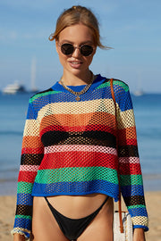 Striped crochet beach cover-up sweater in multicolor with long sleeves and crew neck.