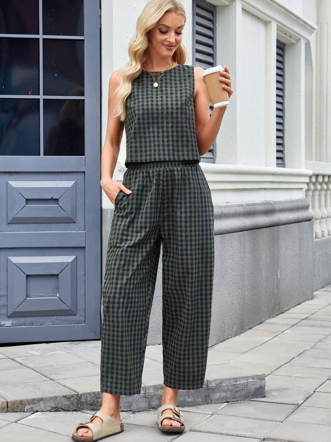 Gingham cropped tank and wide leg pants set in army green with elastic waist.