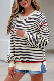 Stripe Ribbed Trim Drop Shoulder Oversized Sweater in Stripe, back view