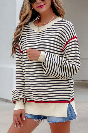 Stripe Ribbed Trim Drop Shoulder Oversized Sweater in Stripe, back view