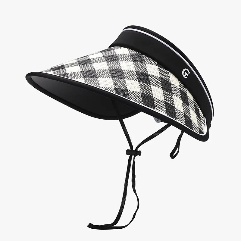 Gingham visor with adjustable strap and chin tie, black and white pattern