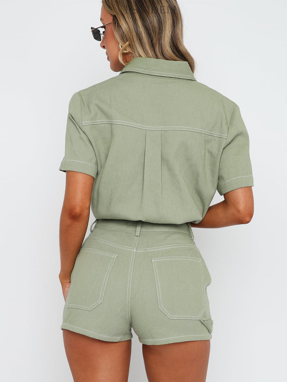Sage utility set with contrast stitching, short sleeve buttoned shirt and shorts