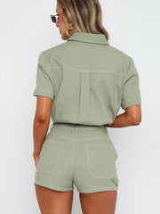 Sage utility set with contrast stitching, short sleeve buttoned shirt and shorts