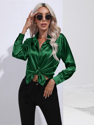 Dark green satin tie-front blouse with buttoned cuffs and collar