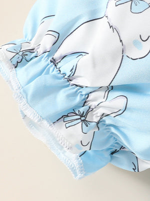 Sky blue baby dress with bunny print and ruffled trim.