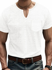 White textured notch neck t-shirt with chest pocket and short sleeves.