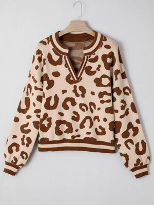 Chic leopard print knit sweater with notched neckline and striped trim.