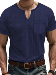 Navy textured notch neck tee with pocket and short sleeves.