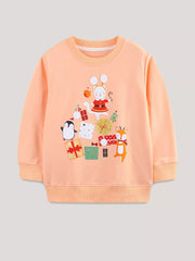 Children's peach cotton sweatshirt with festive holiday print featuring a cat, penguin, deer, and presents.