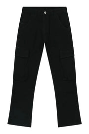 Black denim utility trousers with cargo pockets and a straight leg fit.