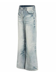 Men's light blue vintage wash wide leg jeans with distressed details