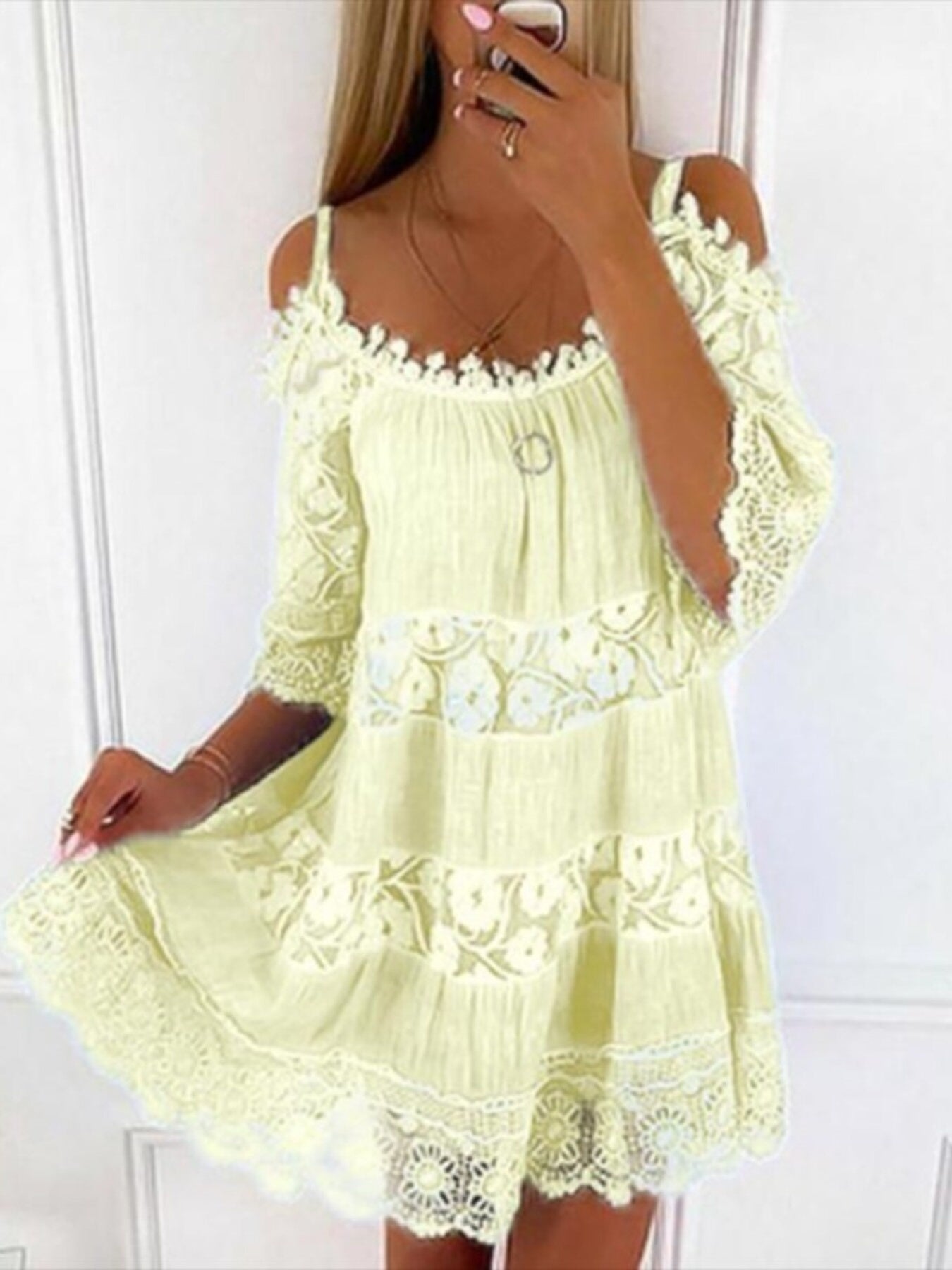 Bohemian Lace Cold Shoulder Mini Dress Plus Size in Light Blue, back view