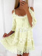 Bohemian Lace Cold Shoulder Mini Dress Plus Size in Light Blue, back view