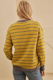 Yellow intarsia knit sweater with grey stripes and crew neck.