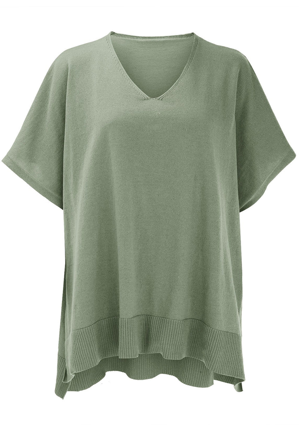 Sage green relaxed V-neck knit poncho top with short sleeves and ribbed hem.