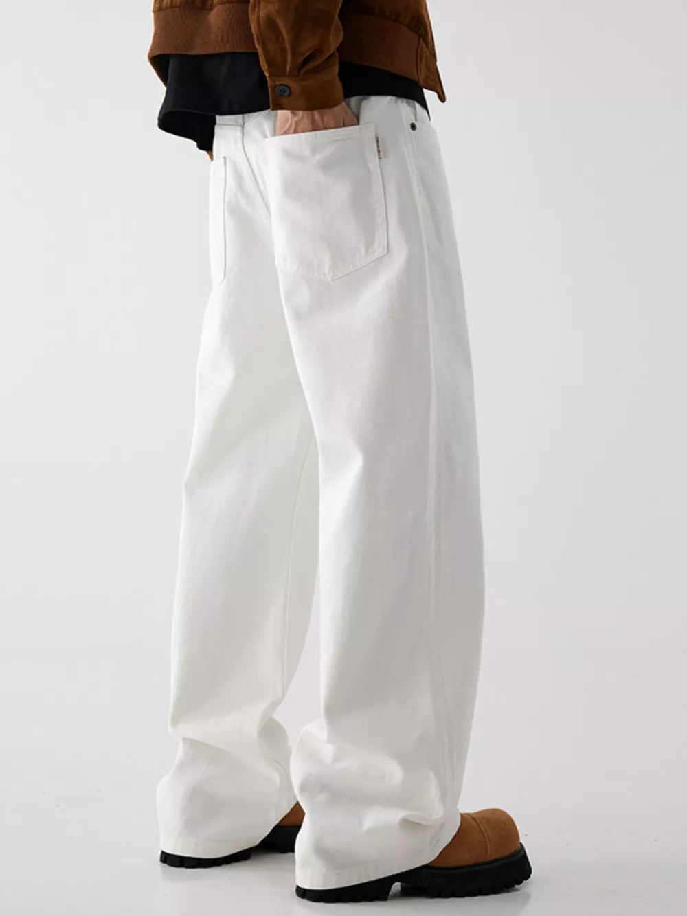 Men's Wide Leg Jeans With Pockets in White, back view