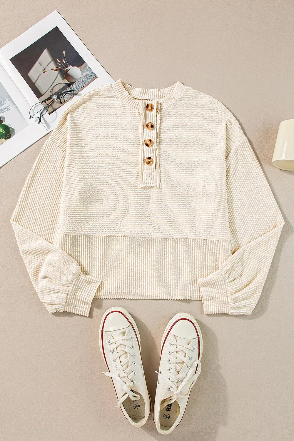 Corded Texture Lantern Sleeve Henley Sweatsuit in Ivory, fit detail