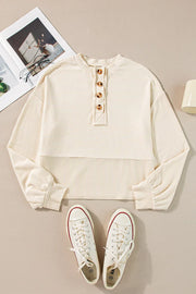 Corded Texture Lantern Sleeve Henley Sweatsuit in Ivory, fit detail