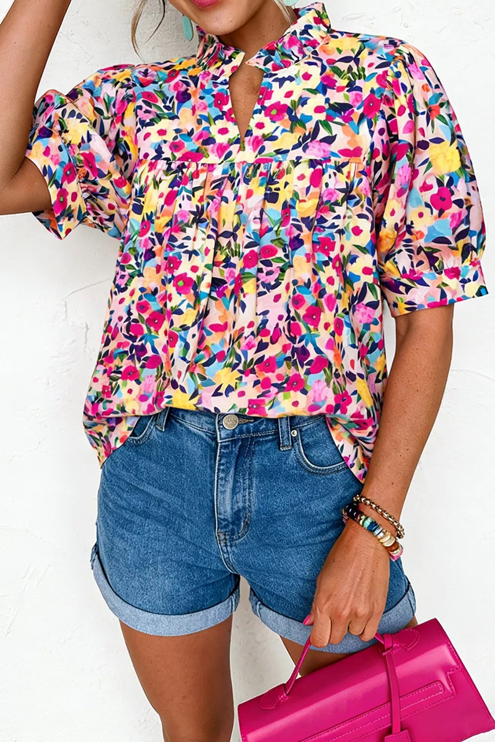 Flower Print Frilled Collar Puff Sleeve Blouse, front view