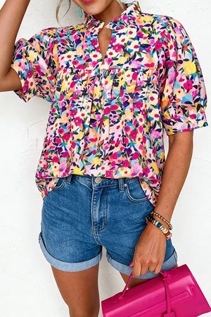 Flower Print Frilled Collar Puff Sleeve Blouse, front view