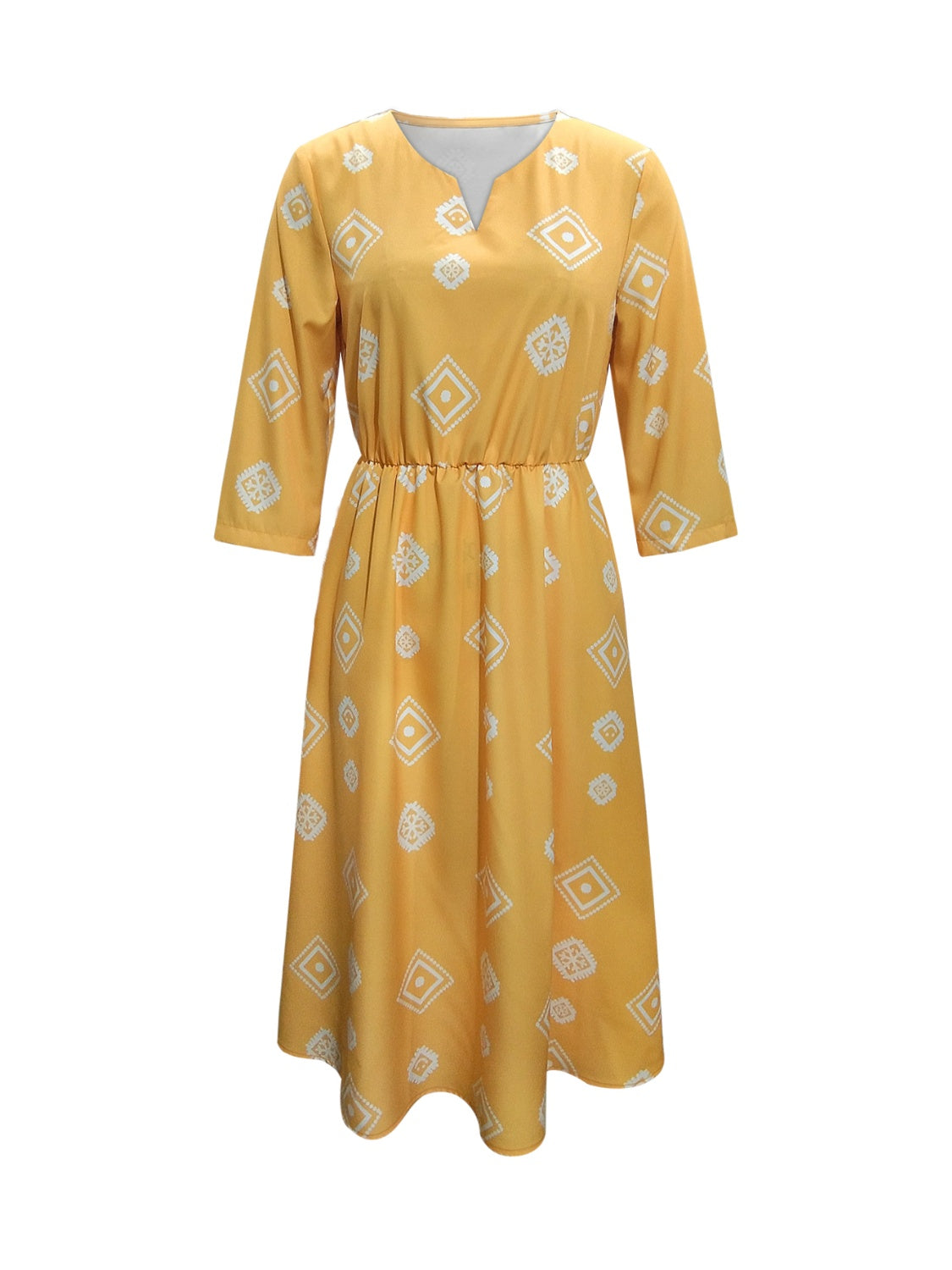 Yellow geometric print empire waist midi dress with 3/4 sleeves and v-neck.