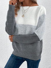 Colorblock ribbed knit sweater with boatneck in light gray, gray, and white.