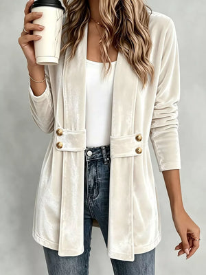 Elegant Velvet Open-front Cardigan in White, back view