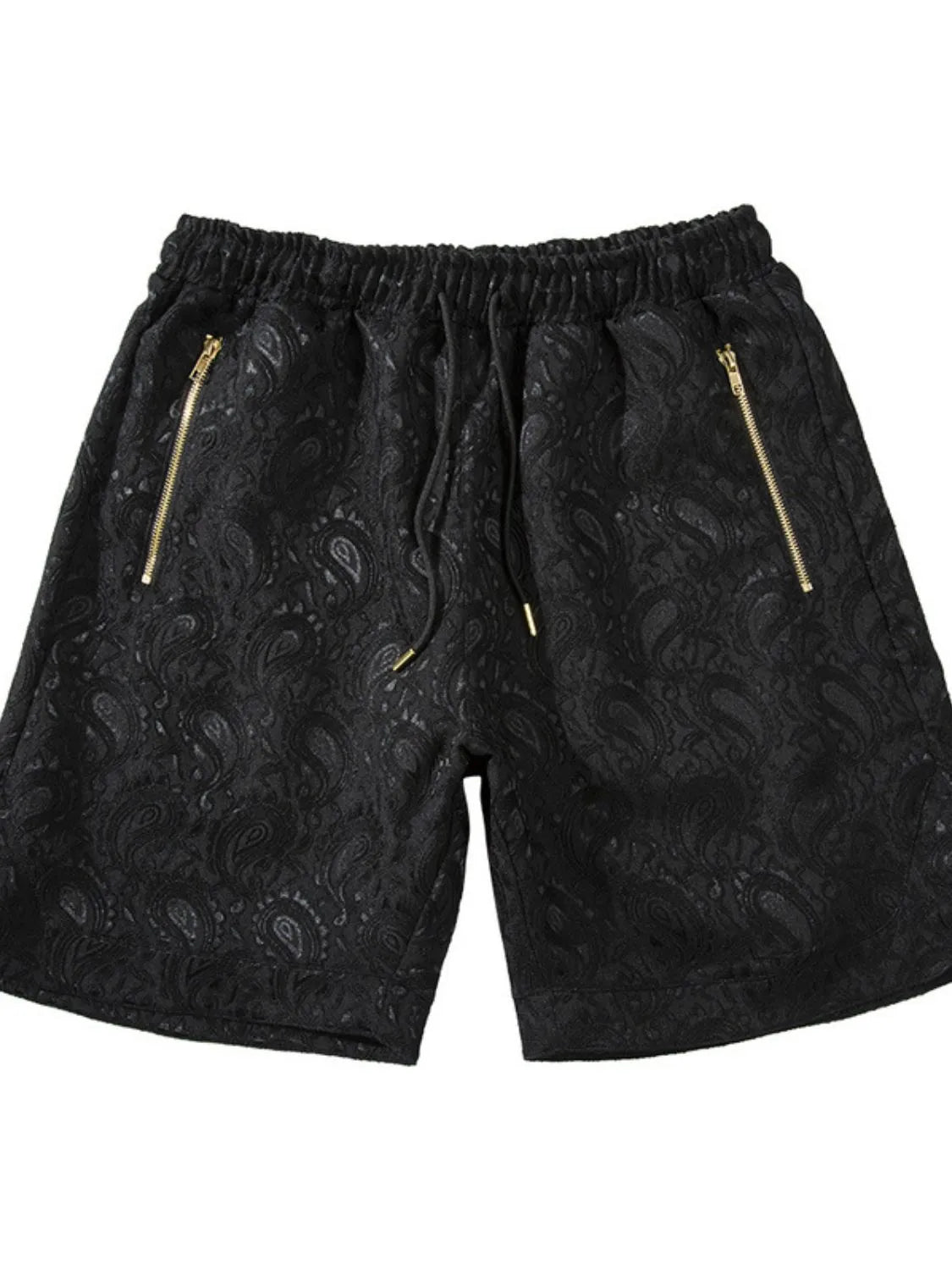 Black paisley jacquard shorts with zip pockets and drawstring waist